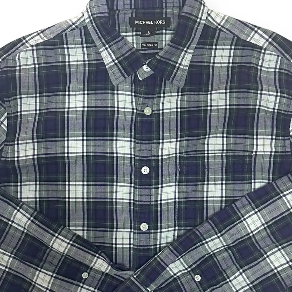 MICHAEL KORS Tailored Fit Plaid Button Up Shirt Roll Tab Sleeve Purple Black L